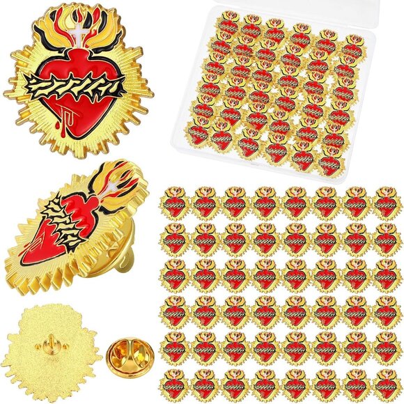 Christian Lapel Pins Sacred Heart of Jesus Enamel Brooches Bulk 50 Pack - Picture 1 of 6